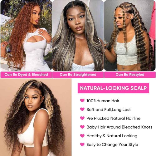 Vlusee 26 Inch 13x6 Deep Wave Lace Front Wigs Human Hair Fb/27 Ombre Blonde Lace Front Wig Human Hair Pre Plucked 13x6 HD Full Lace Frontal Curly Human Hair Glueless Wig for Women