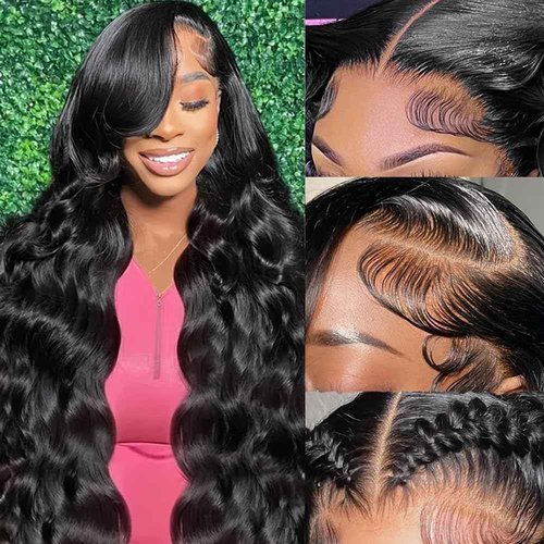 YetFree 32 Inch Body Wave Lace Front Wigs Human Hair Pre Plucked 13x6 HD Lace Frontal Wigs Brazilian Virgin Human Hair 200 Density Glueless Body Wave wig with Baby Hair Natural Black
