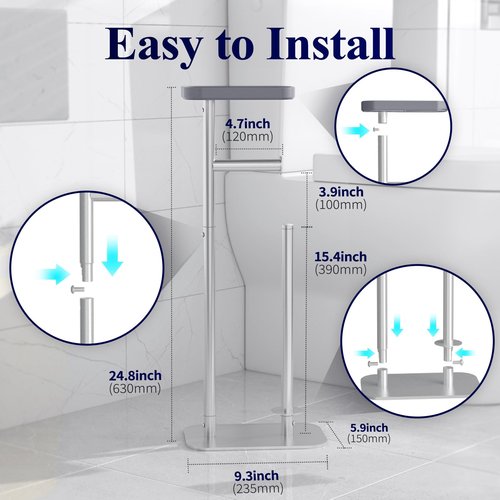 Kitsure Toilet Paper Holder Free Standing – Rustproof Metal Toilet Paper Stand for 4 Rolls with Anti-Slip Base and Shelf for Phone & Small Items, Bathroom Organizers and Storage, Medium, Silver
