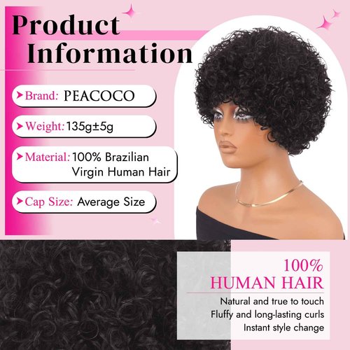 PEACOCO Short Curly Bob Wig Human Hair Afro Kinky Curly Human Hair Wigs for Black Women 8 Inch Short Curly Wig with Bangs Glueless, 1B