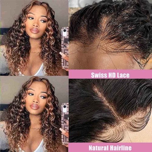 yamduly 24 Inch Highlight Ombre Lace Front Wig Human Hair Pre-Plucked 1B/30 Black Brown13x4 HD Lace Frontal Deep Wave Honey Blonde180% Density Balayage Glueless Wigs for Black Women