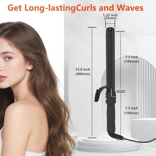 Huvcy 1-1/4 Inch Curling Iron - Ceramic Curling Iron, Fast Heat Function LCD Display 180°F-450°F Adjustable, Long Lasting Beach Waves, Dual Voltage Curler, Heat Resistant, Black
