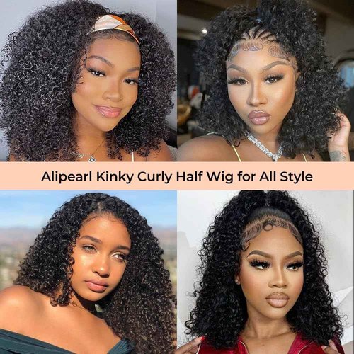 Ali Pearl Curly Half Wig Human Hair Real 180% Density Glueless Upgrade 3 IN 1 Half Wig with Drawstring Seamless Clip ins Flip Over Kinky Curly Human Hair for Beginner Friendly No Glue No Lace16 Inch