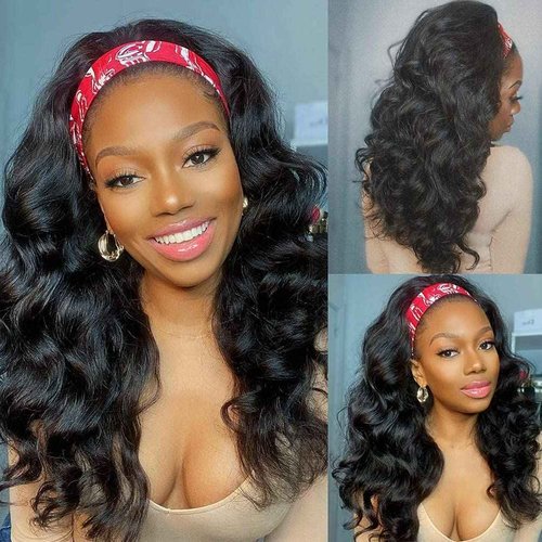 Emistar YAKI Body Wave Headband Wig Loose Curly Heabdand Wigs Glueless Synthetic Hair Natural Black Wigs for Black Women None Lace Front Wigs Headband Wigs 150% Density (Long)