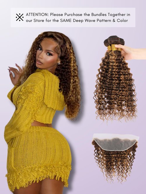 AUROO Honey Blonde Highlight Deep Wave 13x4 Lace Frontal Closure Only Human Hair, 12A Virgin 100% Hand Tied Ear to Ear Ombre Brown HD Transparent Frontal Pre Plucked P4/27 Curly Lace Frontal Remy 16In