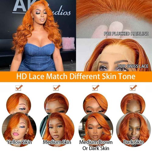 Aoque Ginger Orange Lace Front Wigs Human Hair Body Wave 13x4 Hd Transparent Lace Frontal Wigs for Women 350# Colored Glueless Wigs Brazilian Remy Human Hair 180% Density Pre Plucked 26 Inch