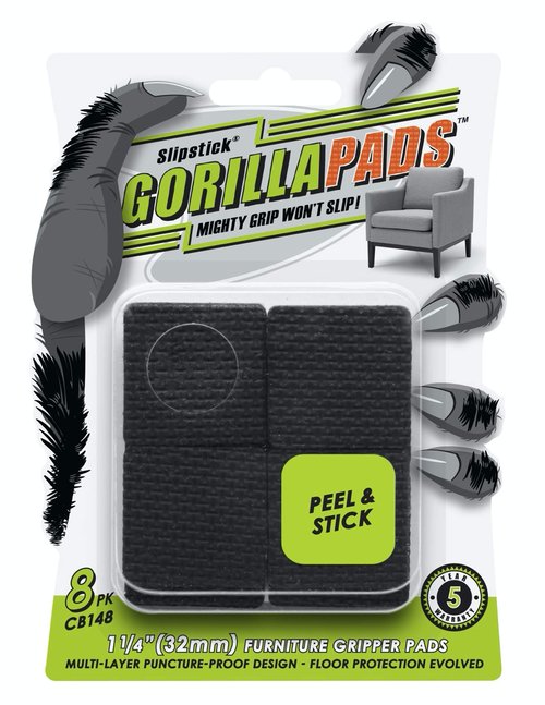 Slipstick GorillaPads CB148 Non Slip Furniture Pads/Rubber Gripper Feet (Set of 8) Self Adhesive Anti-Skid Floor Protectors, 1-1/4 inch Square, Black