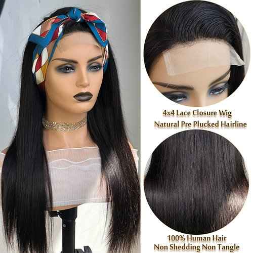 Ainimiu Straight Lace Front Wigs Human Hair Pre Plucked 180% Density Glueless 12A Brazilian Virgin Hair 4x4 Lace Closure Wig For Black Women Natural Black With Baby Hair 16inch