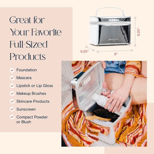 Stay Golden Metallic Silver Insulated Waterproof Makeup Bag for Women Heat-Resistant Travel Cosmetic & Toiletry Bag | Luxurious Vegan Leather Portable Makeup Organizer - Large