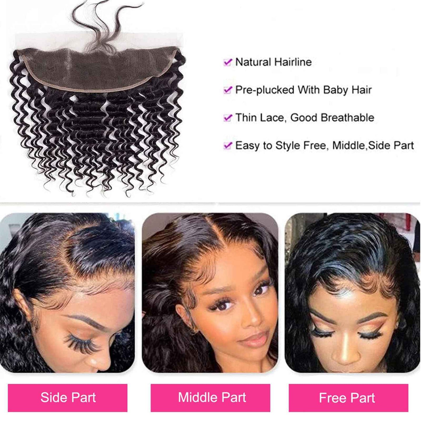 20 Inch Deep Wave Frontal 13x4 HD Lace Front Human Hair Pre Plucked with Baby Hair Ear to Ear Transparent Lace Frontal Closure 100% Virgin Deep Wave Lace Frontal