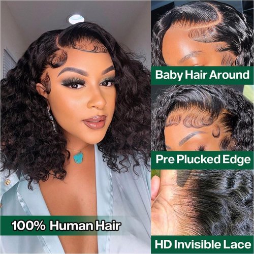 FCUFCU 16 Inch Deep Wave Bob Wig Human Hair 13x4 Frontal Lace Wig 200% Density Short Bob Wigs Human Hair for Black Women Glueless Curly Bob Wig With Baby Hair Natural Black