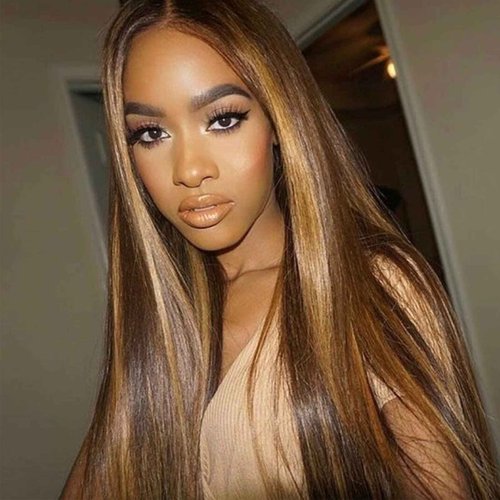 Lemoda Outlet Deals 13x6 Highlight Ombre Lace Front Wig Human Hair 180 Density 22 Inch Straight Transparent Lace Pre Plucked Honey Blonde Human Hair Wigs for Women P4/27 Color