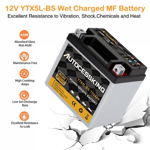 YTX5L-BS Motorcycle Battery, 12V 4Ah Rechargeable Maintenance Free Sealed AGM Battery Powersport Replacement Battery for ATV and Scooter