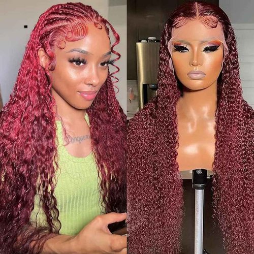 ZANPAL 99J Burgundy Deep Wave Lace Front Wigs Human Hair 13x4 HD Lace Frontal Wigs Human Hair Lace Front Wigs Pre Plucked 99j Burgundy Deep Curly Wigs Human Hair Wigs For Women 180% Density 24 Inch
