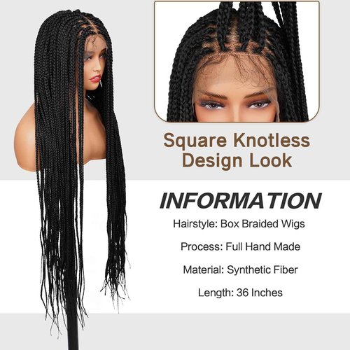Top Remy Box Braided Wigs For Women 36"" Full Double Lace Braided Wig With Baby Hair Large Square Knotless Long Braided Wigs Synthetic Handmade Full Lace Braided Wig, Black