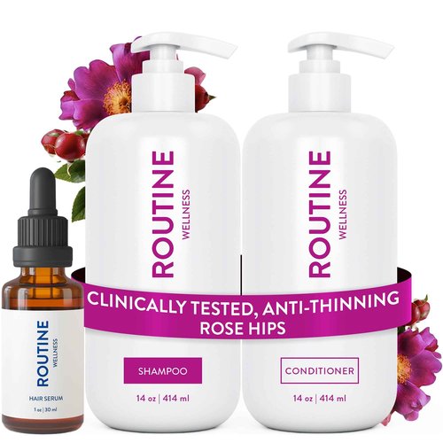 Routine Wellness Shampoo and Conditioner Set and Hair Serum for Stronger Hair - Biotin | Color Safe | Sulfate-Free | Vegan | Clinically Tested | Nourishing Oils and Vitamins - Rose Hips