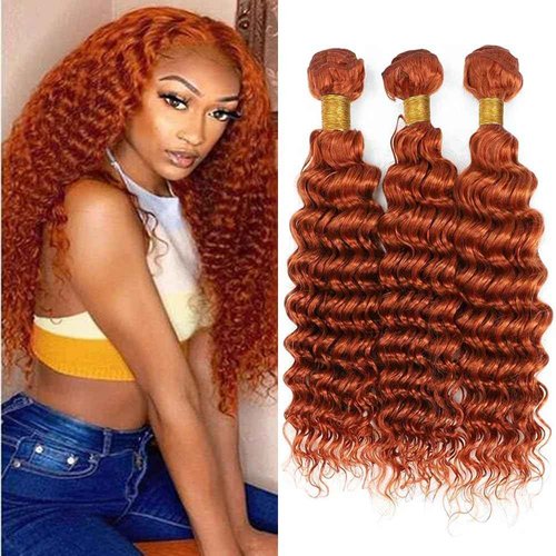 QEUOPE Color 350 Burnt Orange Deep Wave Human Hair Bundles Double Weft Brazilian Hair Extersions Ginger Deep Curly Wet and Wavy Bundles Soft Silky for Black Women 26 28 30 Inch