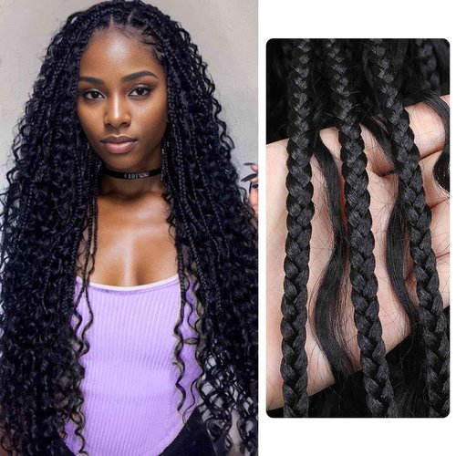 Sangtok Boho Braided Wigs for Black Women, 36 inch Knotless Full Lace Boho Box Braid Wig, Bohemian Curly Ended Double Full Lace Goddess Braided Wig
