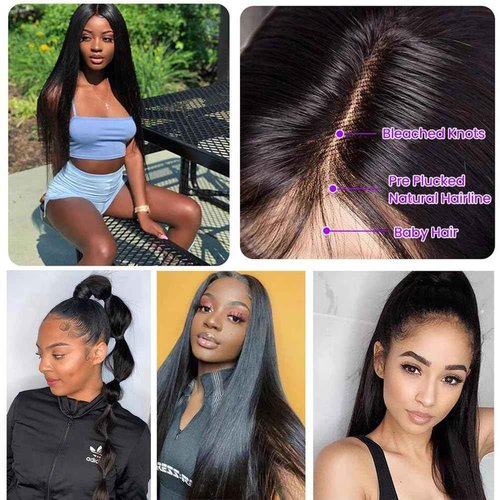 Tecoloy Straight Lace Front Wigs Human Hair Pre Plucked 13x4 HD Lace Frontal Wigs for Black Women Straight Wigs Human Hair with Baby Hair Glueless 180% Density Natural Black 30 Inch
