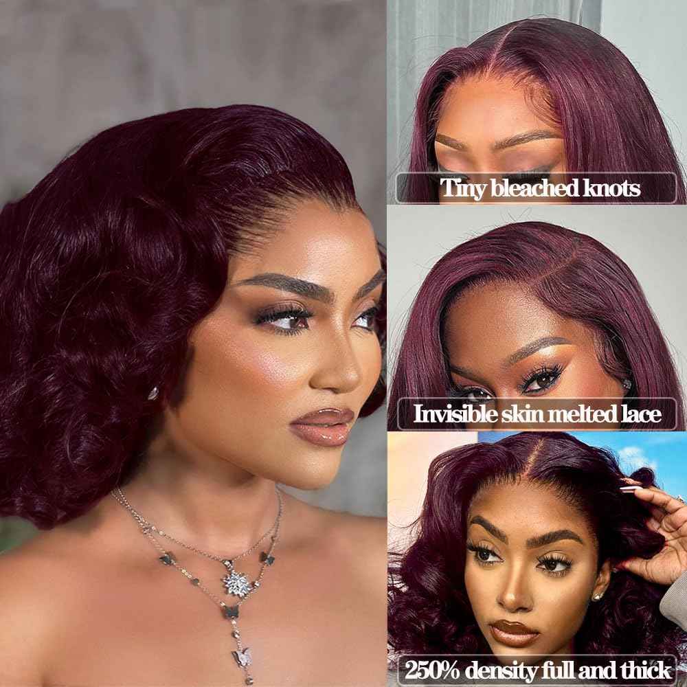 250% Full Density 99J Burgundy Lace Front Wigs Human Hair 13x4 Short Bob Wigs Human Hair Glueless Wear and Go Loose Deep Wave Wig Pre Plucked Pre Bleached Red Wig Human Hair (16inches)