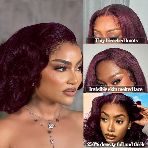 250% Density Loose Deep Wave Wig 13x4 99J Burgundy Wig Human Hair Glueless Wigs Pre Plucked Invisible Lace Dark Red Bob Wig Bleached Knots 100% Human Hair Lace Front Wigs Full and Thick (14inches)