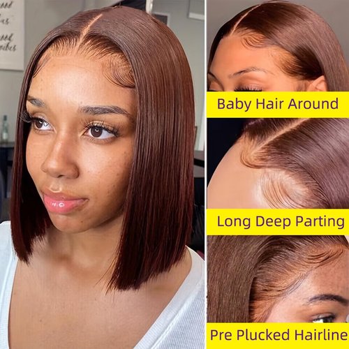 YOUFA Chocolate Brown Short Bob Human Hair Wigs Pre Colored #4 Lace Frontal Wig Pre Plucked 13x4 Transparent Lace Front Human Hair Wigs (Chocolate Brown, 14 inch)
