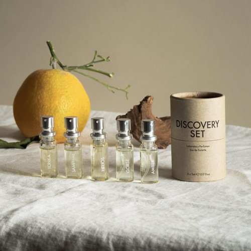 Laboratory Perfumes Discovery Set | 5 x 5ml Eau de Toilette | Gender-Free, Nature-Inspired Fragrances | Amber, Gorse, Samphire, Tonka, Helios | Unique Gift Set, Travel Set