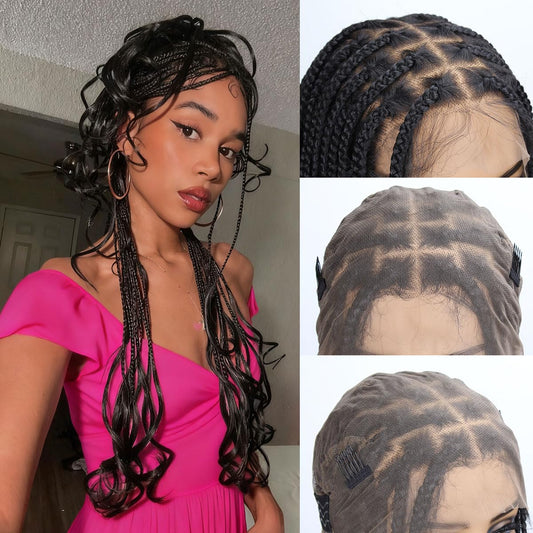 lounoke 36 Inch Braided Wigs With Curly Ends, 360 Single Full Lace French Curl Braided Wigs for Black Women Knotless Box Braid Wig with Baby's Hair