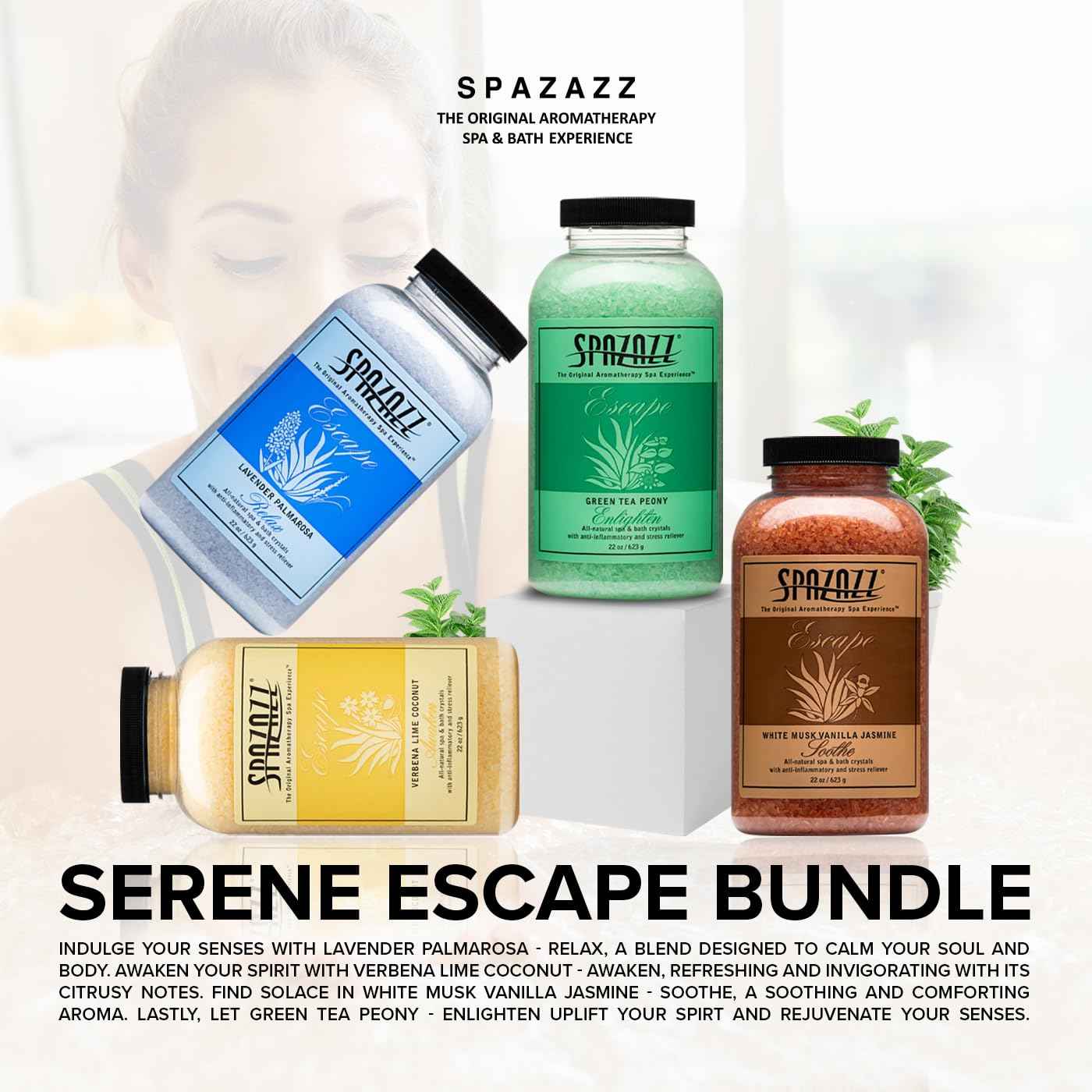 Hot Tub & Spa Bath Salt Aromatherapy Crystals Gift Set - Spazazz Escape Collection Bundle 4-Pack (22oz Each) - Lavender Palmarosa, Verbena Lime Coconut, Green Tea Peony, White Musk Vanilla Jasmine