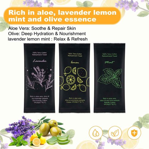 Moist Cotton Towel Bulk Moist Towelettes Individually Wrapped 8.7" x 8.7",White Towel Services,Refreshment Pre Moistened Towels Lavender,Lemon and Mint for Sport Party Spa(Pack of 300)