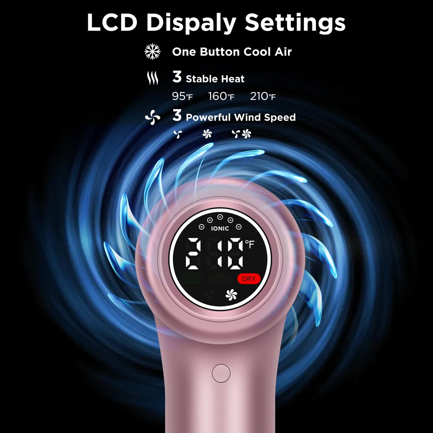 IG INGLAM Hair Dryer with Diffuser for Women, 1300W Ionic Blow Dryer with LCD Display, 3 Temps & 3 Speeds High-Speed Travel Hair Dryer with One Button Cool Air, Slim&Lightwight, Store Bag, Rose Pink