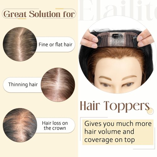 Elailite Human Hair Toppers for Women Real Human Hair Thin 4.7"x3.9" Silk Base Clip in Remy Hairpieces 10 Inch Jet Black