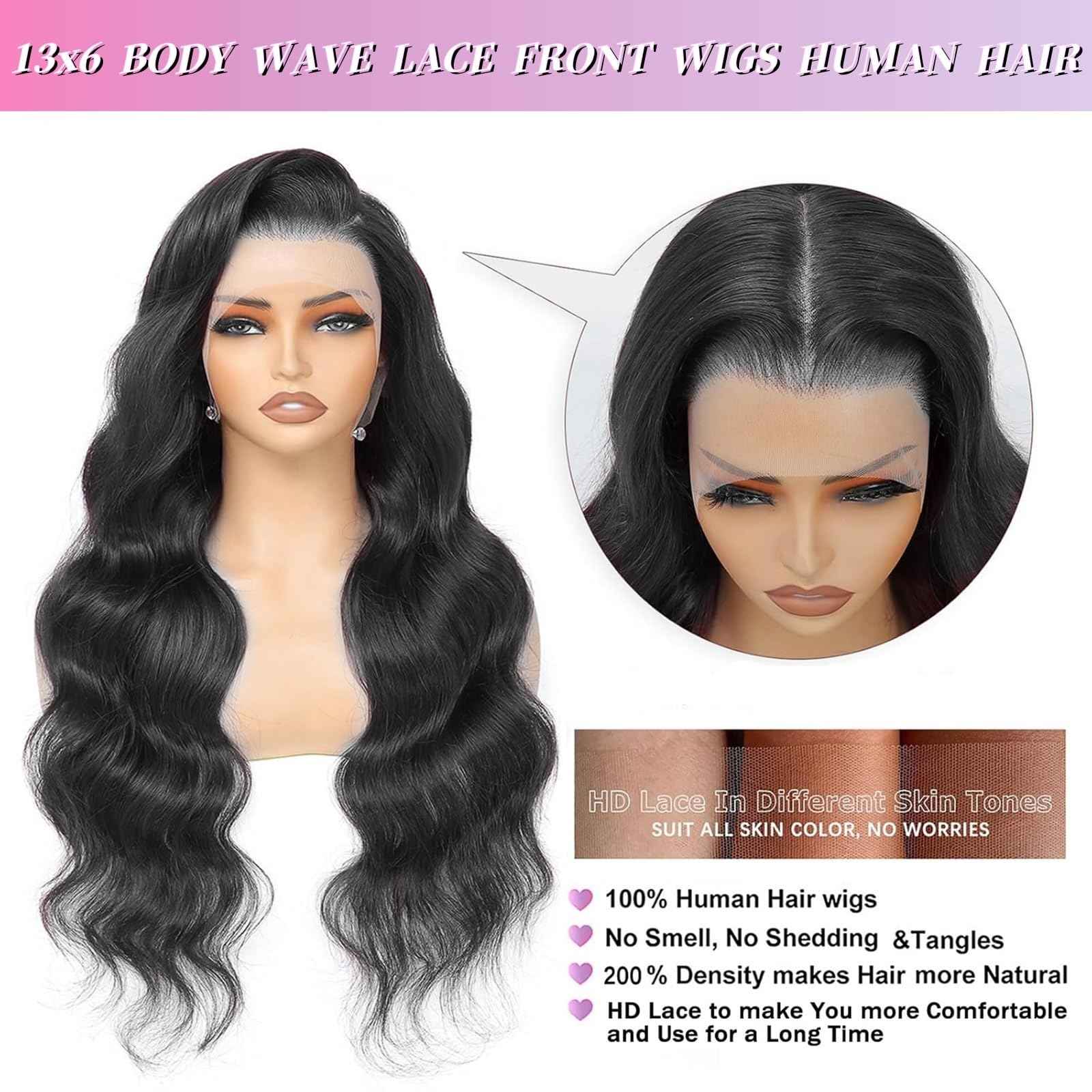 30 Inch Body Wave Lace Front Wigs Human Hair Wigs for Women 13x6 HD Lace Front Wigs Human Hair 200 Density Glueless Body Wave Wig Lace Frontal Wigs Pre Plucked Natural Black