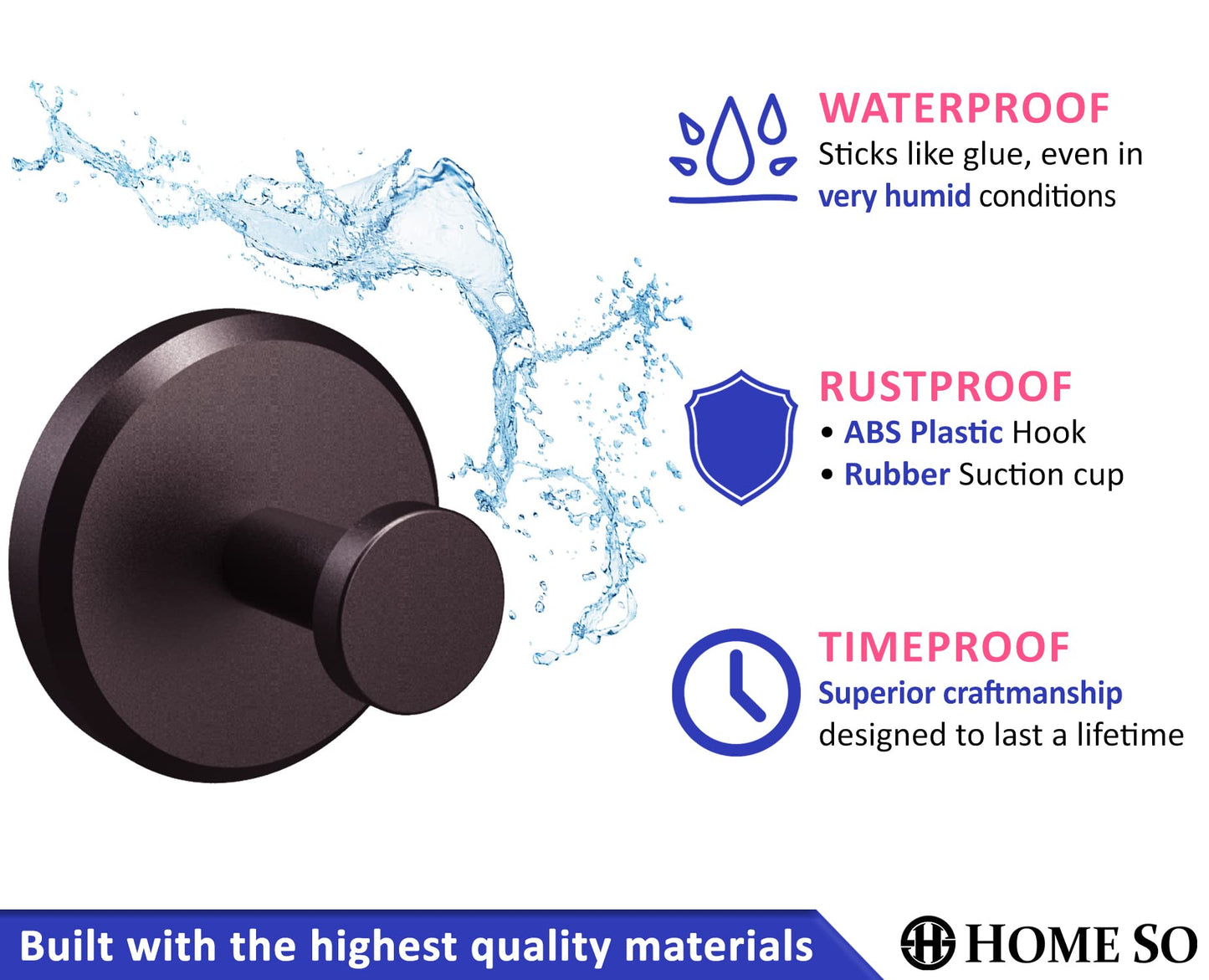 HOME SO Suction Cup Hooks for Shower, Bathroom, Kitchen, Glass Door, Mirror, Tile – Loofah, Towel, Coat, Bath Robe Hook Holder for Hanging up to 15 lbs – Waterproof & Rustproof, Dark Bronze (2-Pack)