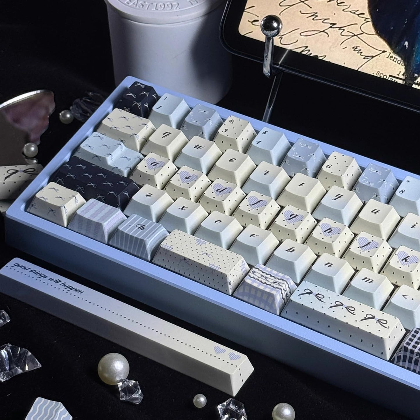 145 Keys PBT Keycap Cherry Profile, Light Blue White Black Bow Aesthetic Dye Sublimation Gaming Custom Keycaps for ANSI/ISO Layout Mechanical Keyboards