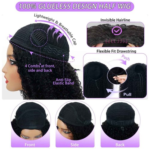 CanaryFly Afro Kinky Curly Half Wigs For Black Women 200% Density 3 In 1 Half Wig Human Hair With Drawstring Afro Curly Glueless Flip Over Wigs Quick Install Beginner Friendly, Natural Black(14inch)