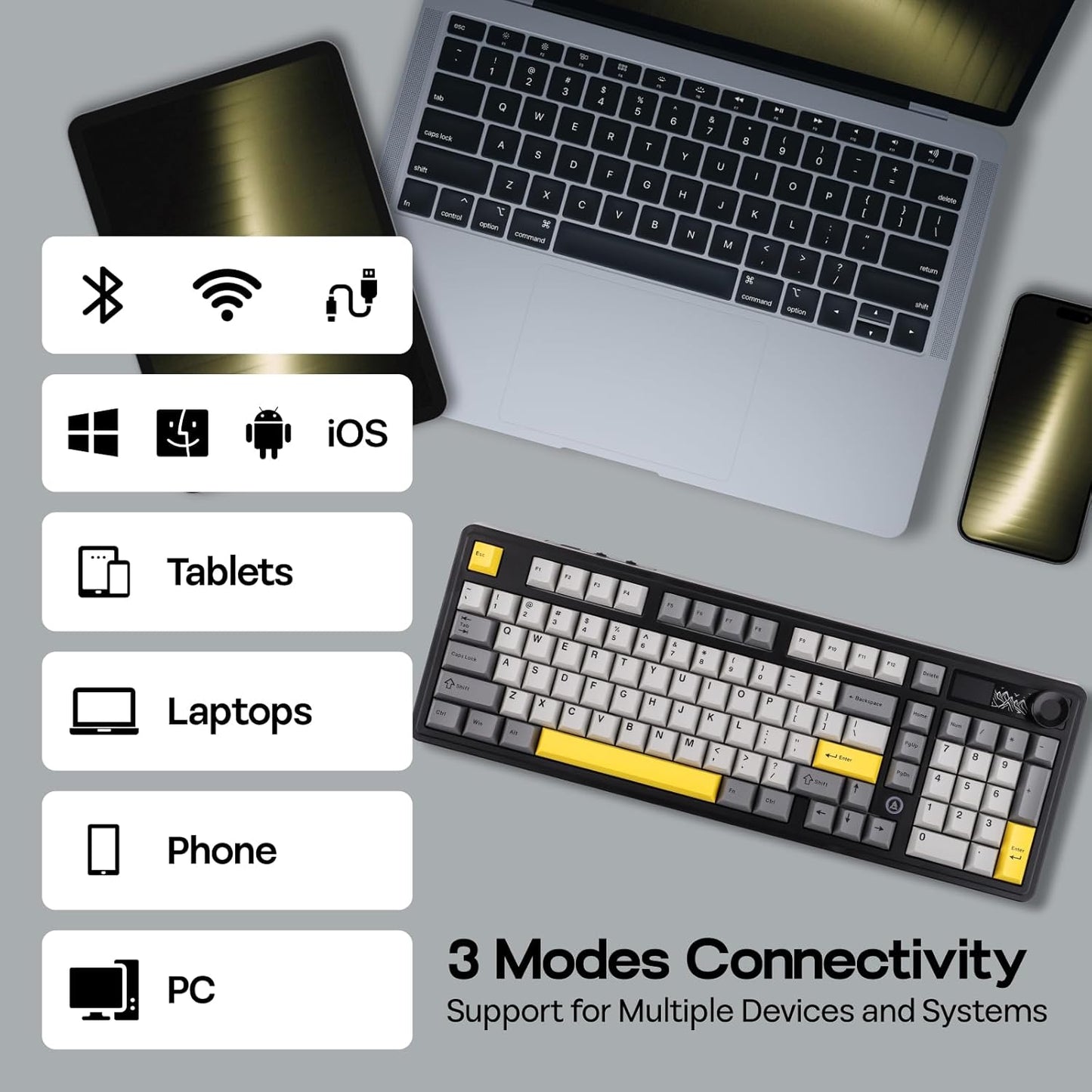 AJAZZ AK980 96% USB-C/BT5.0/2.4GHz Wireless Gaming Keyboard with 1.14’’ TFT Screen, Hot Swappable Creamy Mechanical Keyboard with FR4 Plate, Knob, RGB for Win/Mac (White, Gift V2 Switch)