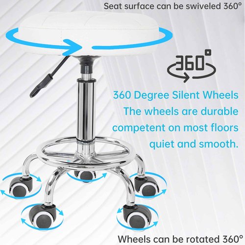 IBVIVIC PU Leahter Rolling Stool Height Adjustable Round Swivel Stools for Spa Salon Massage Work Chair with Foot Rest White