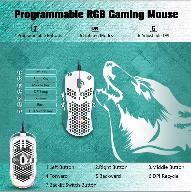 ZIYOU LANG Wired RGB Gaming Mouse,65G Lightweight Honeycomb Ultralight Mouse with High Precision Sensor 6400DPI,6 Button Programmable USB Gaming Mice,Precise Registration for PC Gamers Xbox PS4 Users