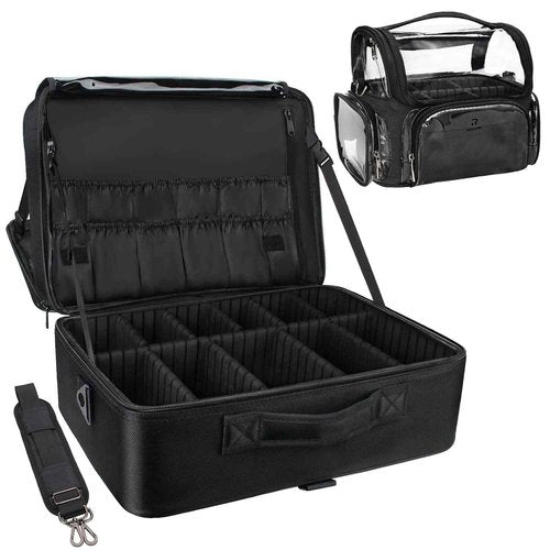 Relavel Extra Large Makeup Case and Makeup Brush Holder Bag, Professional Makeup Organizer, Large Capacity with Adjustable Dividers and Shoulder Strap (Black)