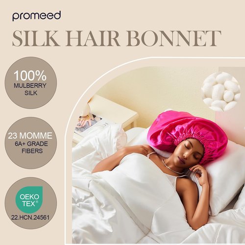 PROMEED 100% Mulberry Silk Bonnet for Long Hair, Hyaluronic Acid Infused Silk Sleep Cap for Long Braids and Locs, Hydrating Hair Care Accessory for Healthy Hair Maintenance (FUCHSIA)