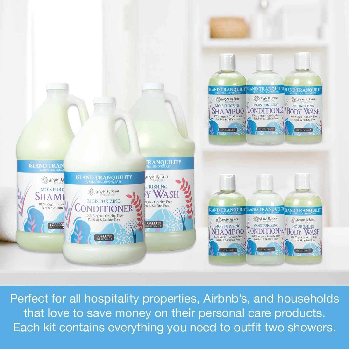 Ginger Lily Farms Botanicals Hospitality Kit, Island Tranquility, 9-Pc Set Includes Shampoo, Conditioner & Body Wash, 100% Vegan & Cruelty-Free, Green Tea Lemongrass Scent