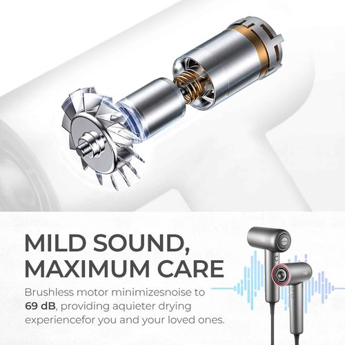 TYMO Ionic Hair Dryer for Women, Professional Blow Dryer with 110000 RPM Brushless Motor for Fast Drying, Travel Lightweight AIRHYPE Lite Hairdryer, Low Noise, 4 Temps & 3 Speeds for Man, Silver