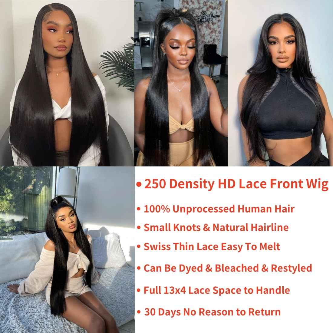 250% Density 13X4 HD Lace Front Wigs Human Hair Straight Lace Front Wigs Human Hair pre plucked Glueless Frontal Wigs for Women Natural Black (250 Density Straight Wig 18inch)