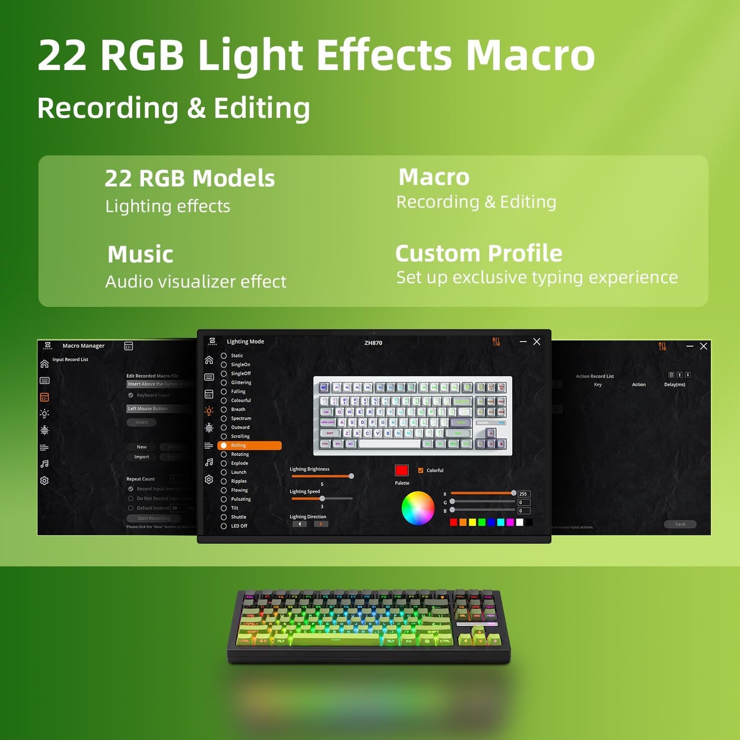 ZORNHER ZH870 Wireless Mechanical Gaming Keyboard,80% Green Custom Creamy Sound Keyboard with Shine Through PBT Keycaps,Pre-lubed Linear Switches,Hot-Swappable,RGB Backlit,2.4GHz/USB-C/BT5.0