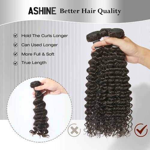 ASHINE Human Hair Bundle Deep Curly Water Wave, Unprocessed Cambodian Raw Hair 20 Inch, Flip Over Quick Weave Wet and Wave Bundles for Women Natural Black