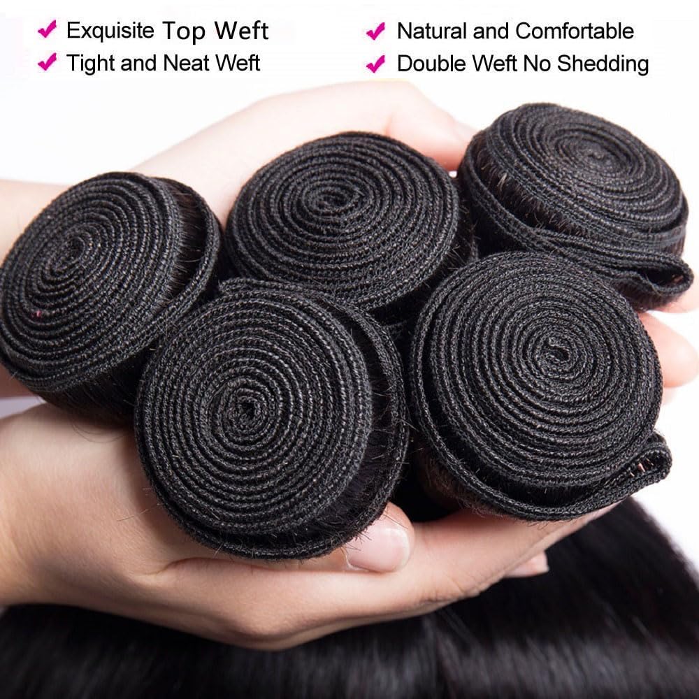 10A Brazilian Straight Human Hair Bundles with 2x6 Closure 18 20 22+16 Inch 100% Unprocessed Straight Virgin Hair Weave Bundles Human Hair with 2x6 HD Lace Closure