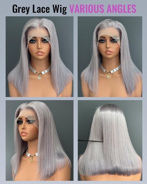 Silver Grey 13x4 Lace Front Bob Wig Brazilian Virgin Human Hair Wig Pre Plucked Hairline with Baby Hair UHD Transparent Lace Natural Looking Glueless Wear and Go Gray Wigs for Women 14 Inch