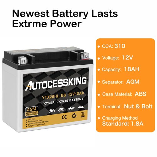 Autocessking YTX20HL-BS Motorcycle Battery, 12V 18AH Rechargeable Maintenance Free Sealed AGM Battery Powersport Replacement Battery for ATV and Scooter
