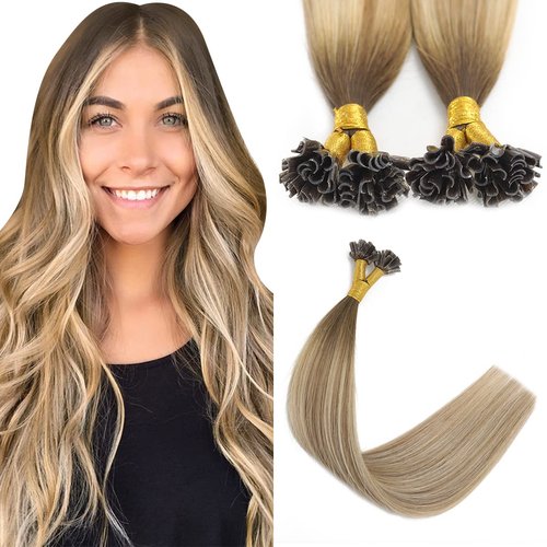 Sindra Keratin Nail Extension Tips Real Human Hair Balayage Darker Brown to Highlighted Blonde 18inch 50 Strand 50G Prebonded Fusion U Tip Hair Extensions Human Hair（Utip#3/8/22-18inch）